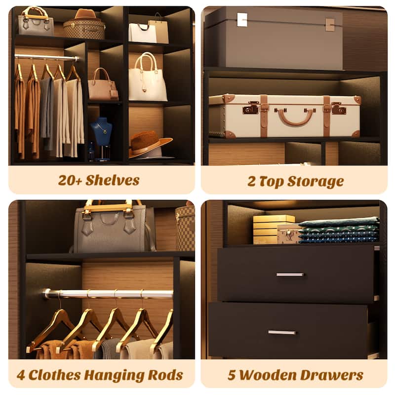 Kyrvo Corner Closet System with 5 Wooden Drawers & 12 Shelves, Freestanding Closet Organizer System for Walk-in/Reach-in Closet