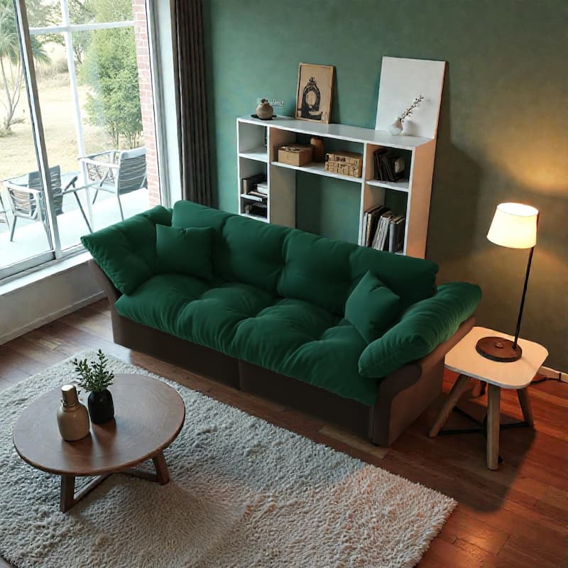 74.8 Inch Queen Pull Out Sofa Bed, 3 in 1 Convertible Velvet Sleeper Loveseat with Tufted Cushions - Green