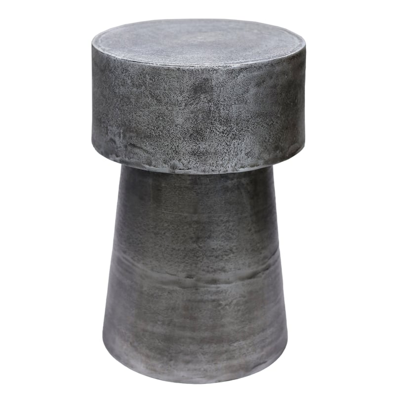 Vintage 23.6 Inch Accent Side Table Round Top, Antique Silver Cast, Aluminum Drum Base