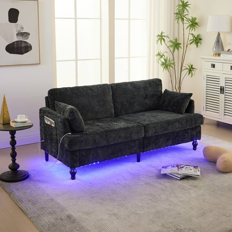 Modern Style Chenille 2-Seater Wood-Legged Sofa With Led Light,USB Charging Port And Storage Bag Living Room Bedroom Study Room