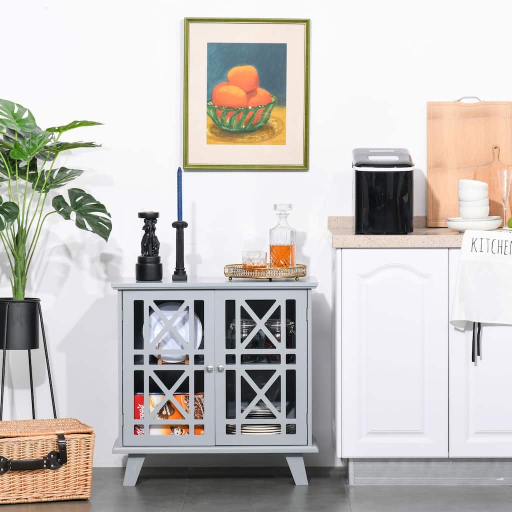 HOMCOM Accent Storage Cabinet Sideboard Serving Buffet Console with Fretwork Doors and Elevated Base, Grey - 31" x 14.25" x 31"
