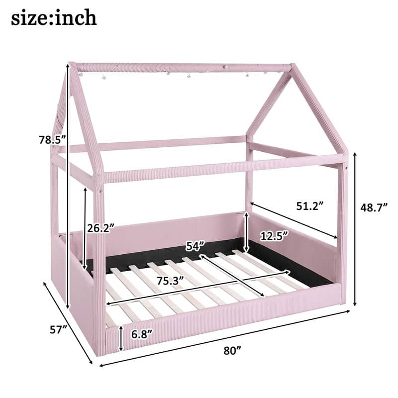 Full Size Upholstered House-Shaped Kids Bed with LED Light Strips, Corduroy Platform Bed Frame Floor Bed