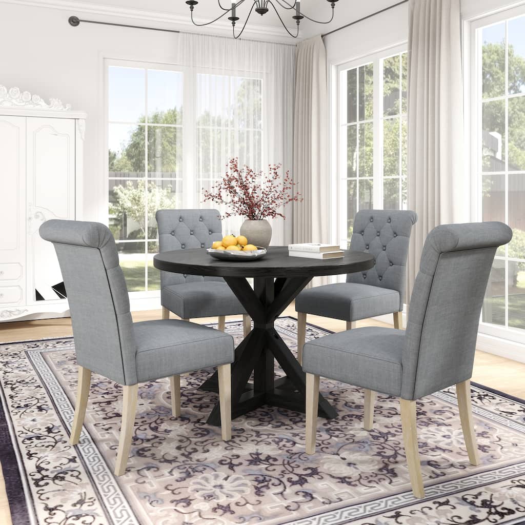 5 Piece Retro Round Dining Table Set with Cross-Buck Table Leg and 4 Upholstered Tufted Chairs, for Kitchen, Dining Room