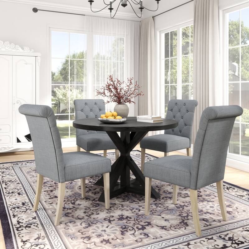 Button Tufted Upholstered Chairs, Black Gray Round Kitchen Table with Cross Pedestal, Practical Table and Chair Set