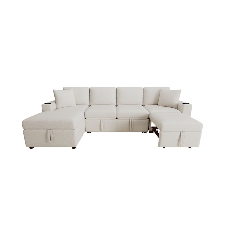 Convertible Sectional Sofa with Pull-out Sofa Bed and Dual Cup Holders