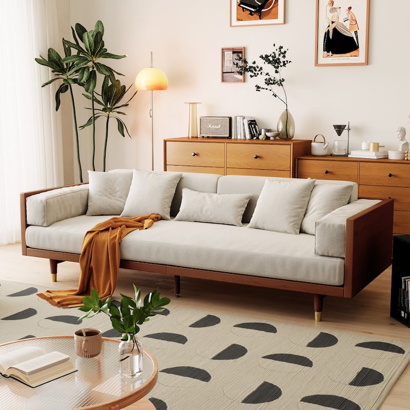 JASIWAY Modern 3-Seat Upholstered Cotton Linen Sofa,Beige - Coffee