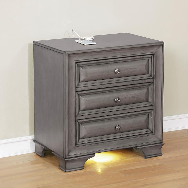 Oslo Traditional Wood 3-Drawer Nightstand with USB by Furniture of America - Grey