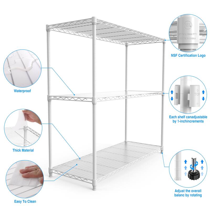 3 Tier NSF Certified Wire Shelving Unit with Adjustable Height & 1050 LBS Load Capacity