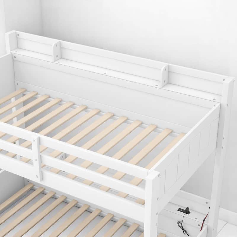 Twin Over Full Bunk Bed with Storage Shelves, LED Lights, Charging Station, and Drawer, kid bed,Storage bed