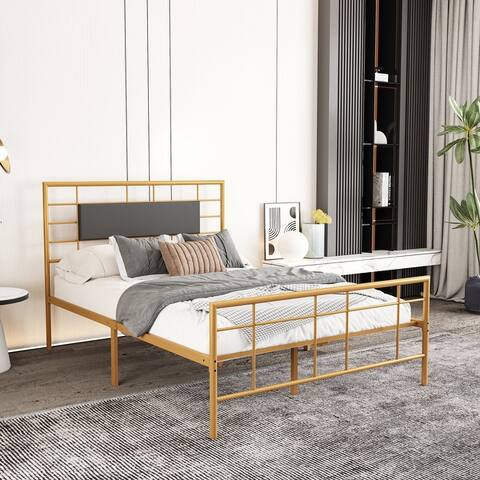 NNV Full Size Platform Metal Bed Frame with Leather Upholstered Headboard