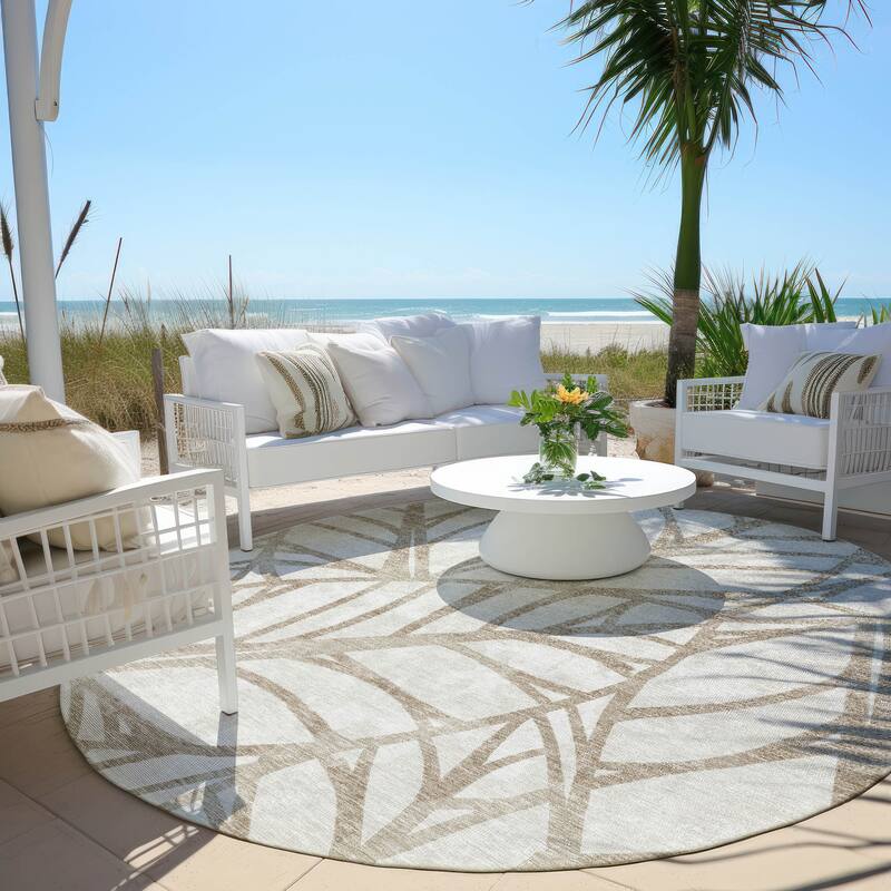 Machine Washable Indoor/ Outdoor Chantille Modern Palm Rug - Beige - 8' x 8'