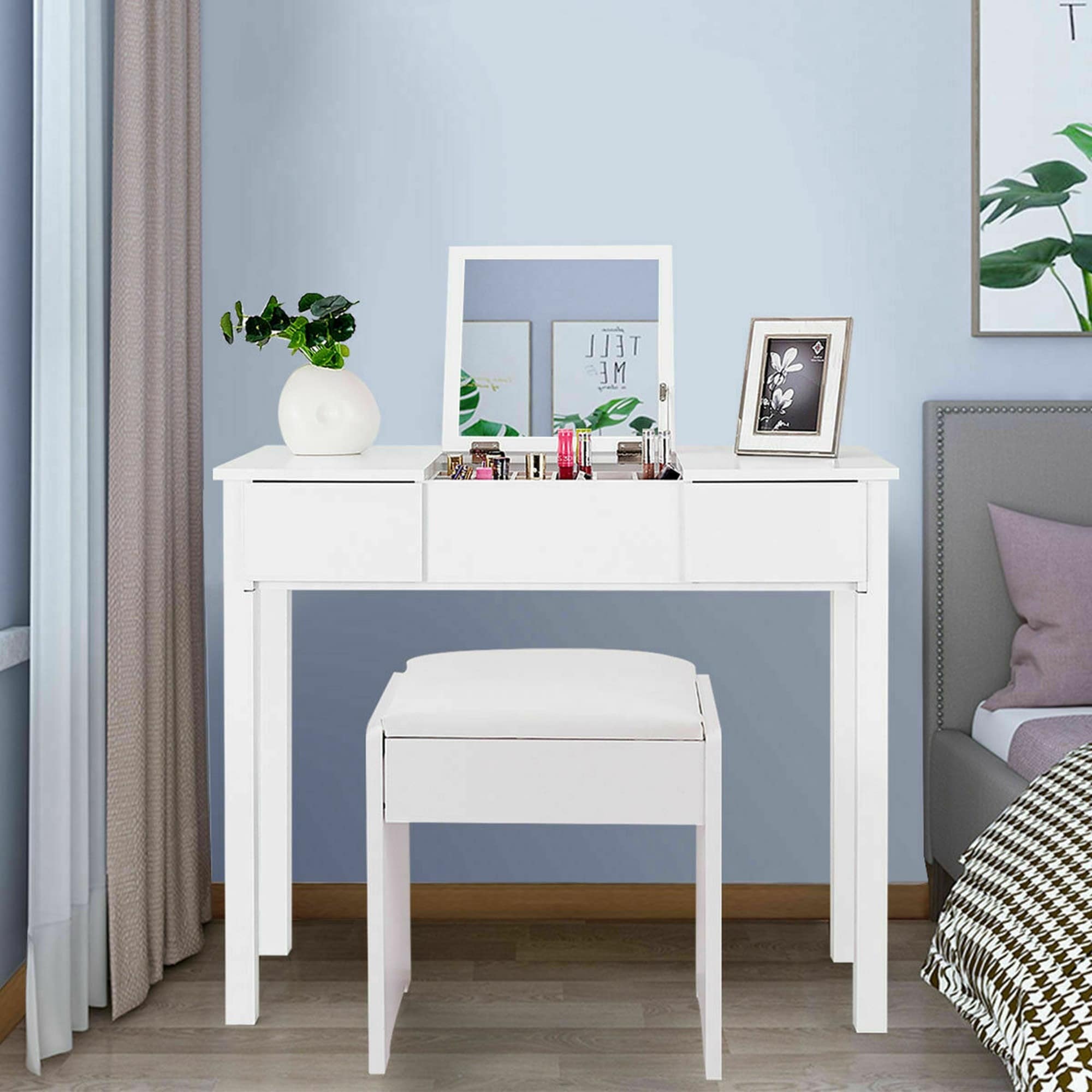 Vanity Table Set Flip Top Mirror Makeup Dresser Storage Box - Bed