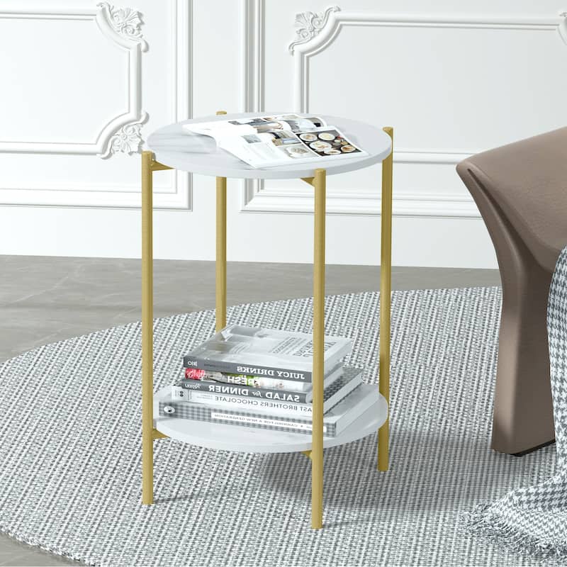 Round Faux Stone End Table with Storage with Gold Metal Legs