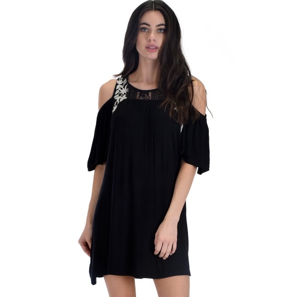SL3670 Black Sleeve Cold Shoulder Shirt Dress With Lace And Floral