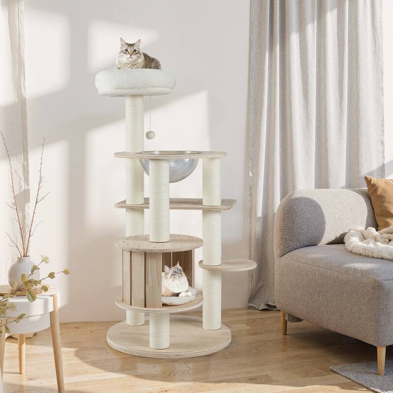 Gymax 52'' Tall Wooden Cat Tree w/Condo Perch Space Capsule Scratching
