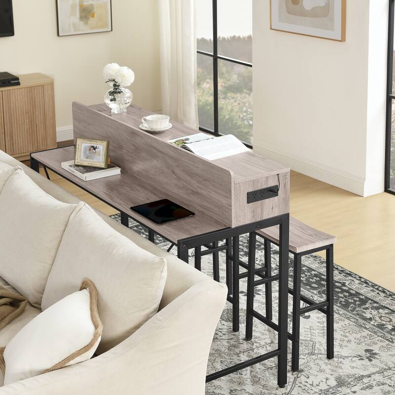 59 inch bar table, dining table, sofa table with power socket and LED light, 3 saddle stools, 4-piece bar table and chai