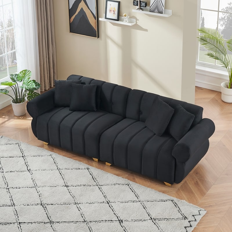 spring-wrapped Sofa cushions with stylish metal feet and 4 throw pillows