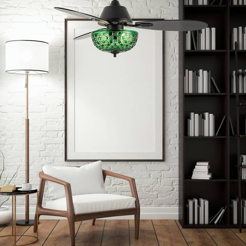 Izzy River of Goods 3-blade 42-inch Modern Indoor Ceiling Fan with Green Hand-Cut Glass Shade and Remote Control
