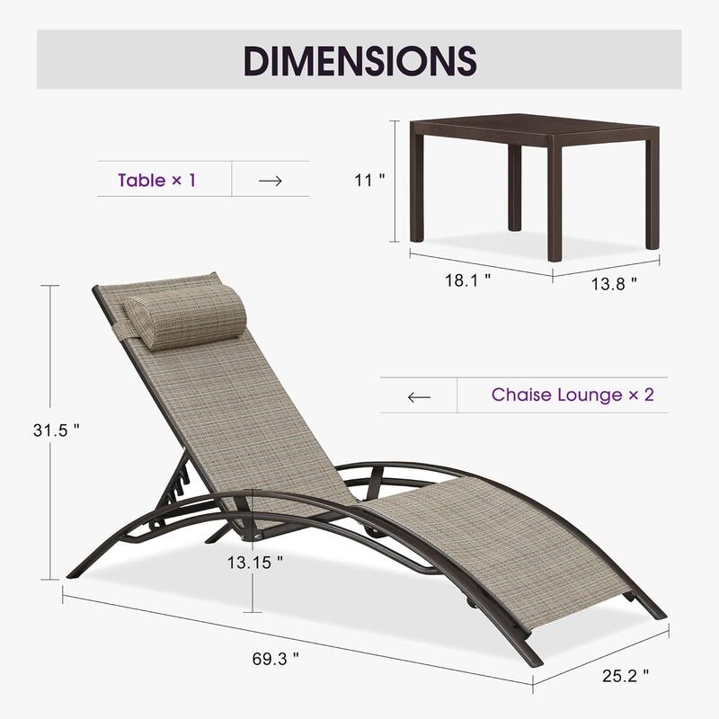 PURPLE LEAF Patio Chaise Lounge Chair Aluminum Recliner with Side Table
