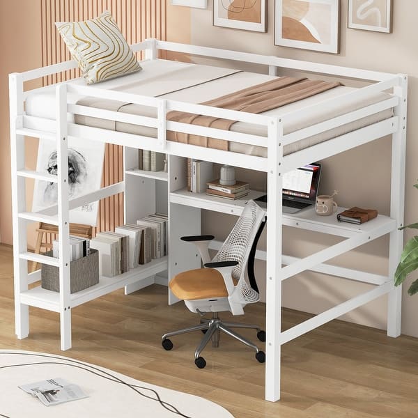 slide 2 of 11, Full Size Loft Bed with Shelves and Under-bed Desk White