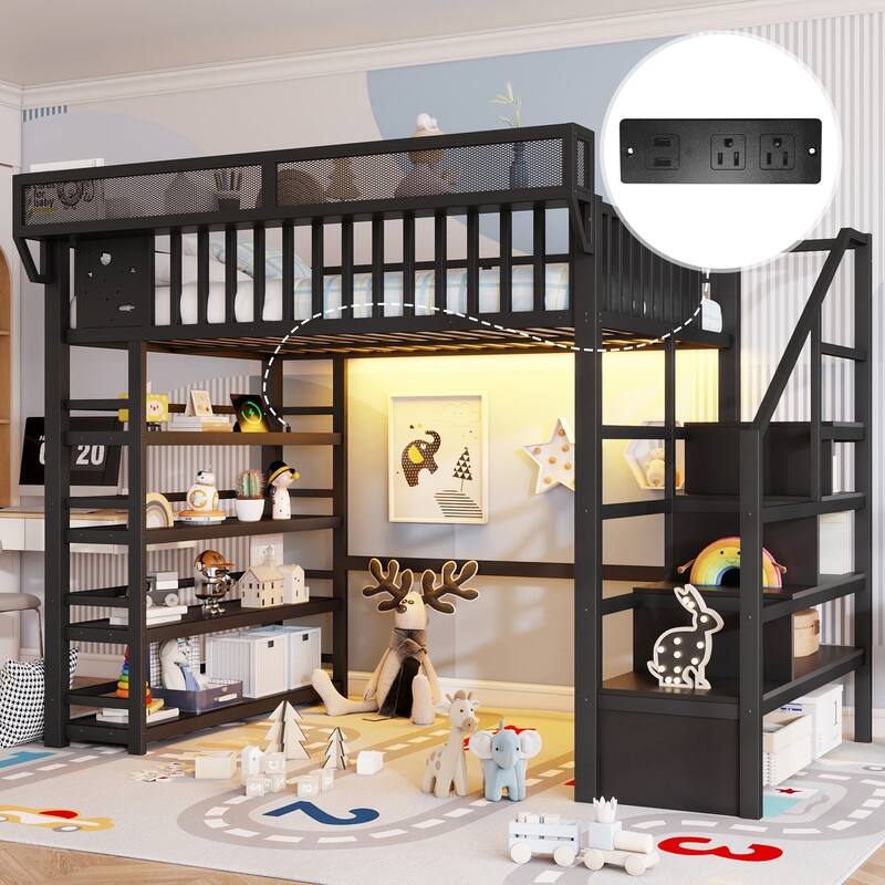 Full Size Metal Loft Bed with Charging Station and 4-Shelf Storage, Kids & Teens Loft Bed with Storage Stairs - Black
