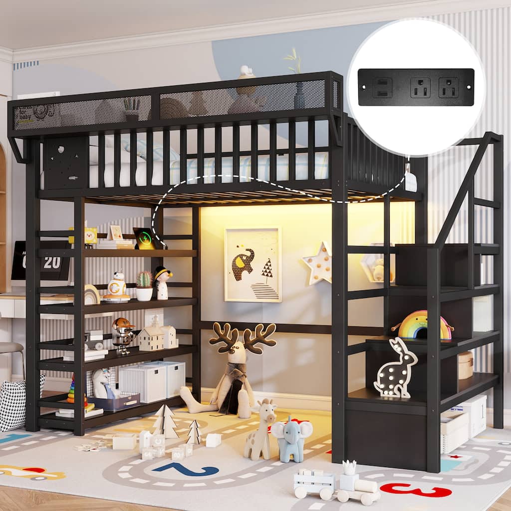 Full Size Metal Loft Bed with Charging Station and 4-Shelf Storage, Kids & Teens Loft Bed with Storage Stairs
