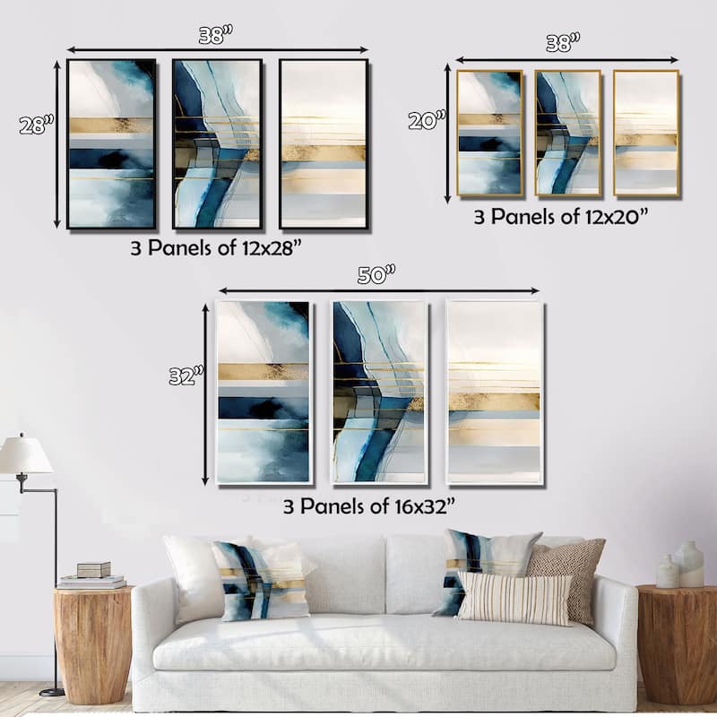 Designart "Abstract Transitional Modern Shapes V" Modern Shapes Transitional Framed Canvas Art Print - 3 Panels