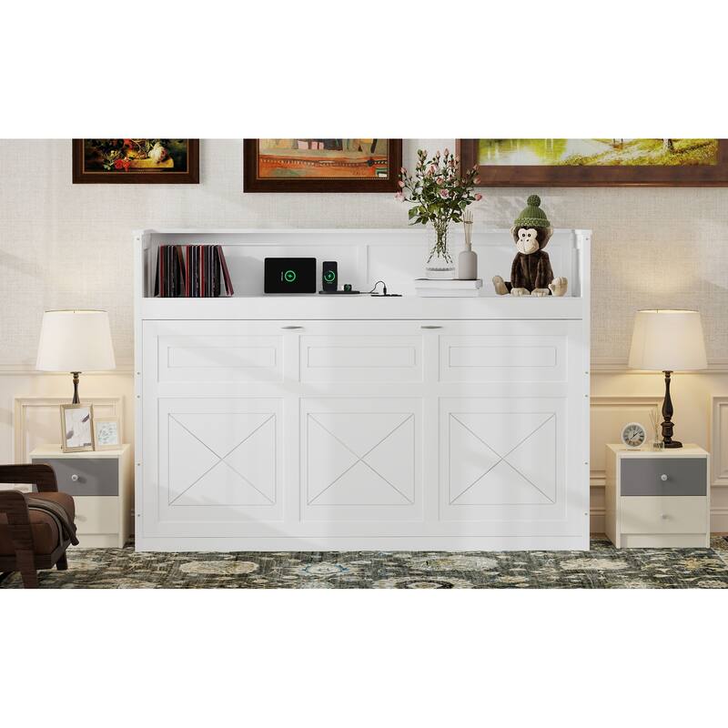 Twin XL Size Solid Wood Murphy Bed with Desk, LED Light and USB Charging Station, Hidden Convertible Folding WallBed for Bedroom