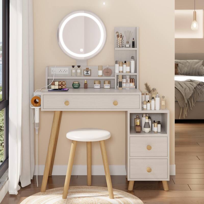 Vanity Desk with LED Lighted Mirror, Vanity Table Set with Cushioned Stool, Dressing Table with Drawers and Open Shelves - White Oak