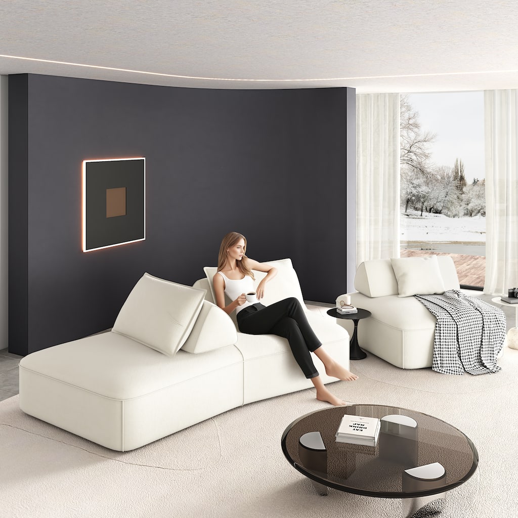 Modern 139" Modular Sectional Sofa Set, DIY Upholstered Fluffy Chenille Sofa, Removable Backrests & Pillows, Deep Seat