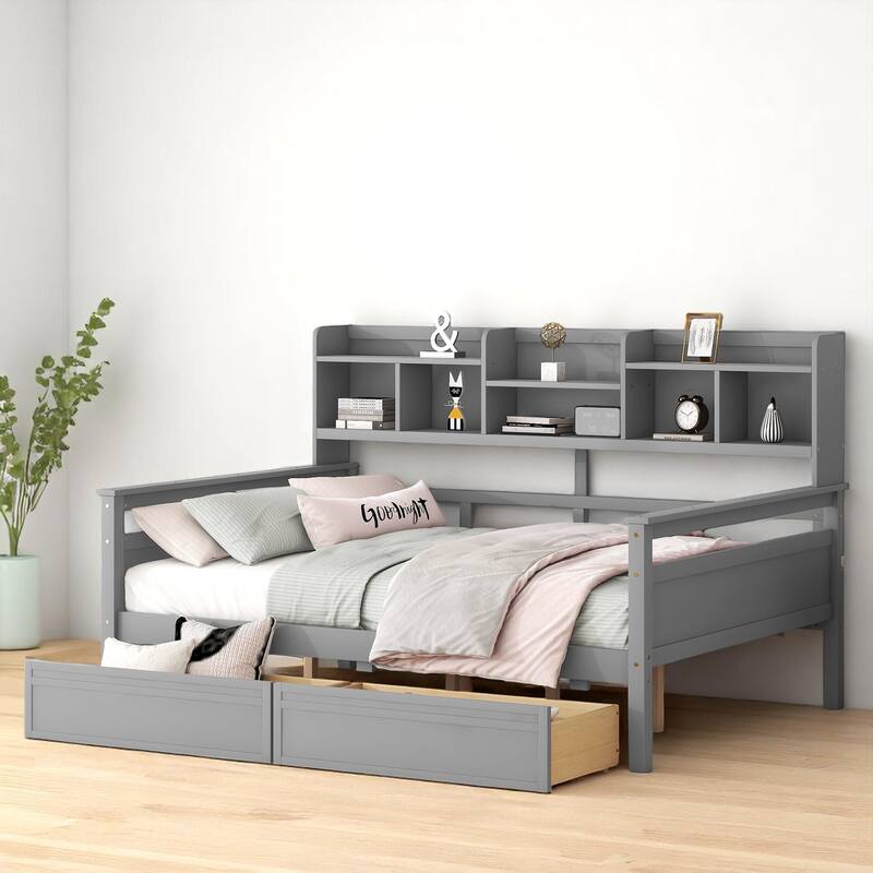 Wooden Twin/Full Daybed with 2 Storage Drawers and Bedside Shelves, No Box Spring Needed, Modern Design - Grey - Full