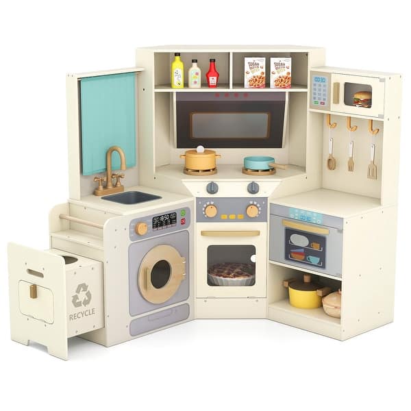 slide 2 of 30, Gymax Corner Kitchen w/ Lights & Sounds Interactive Wooden Playset for Beige