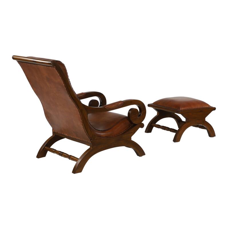 Leather Handmade Accent Chair with Ottoman with Scrolled Wood Arms and Arched Legs - Brown or Black - Roche River Decor