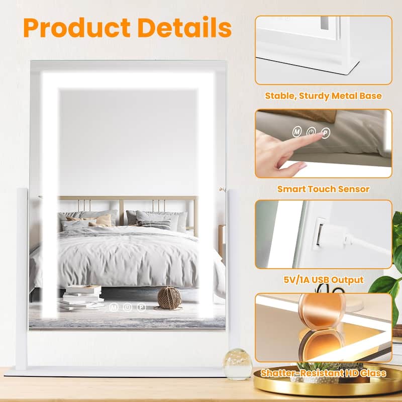 White LED Vanity Mirror with 10X Magnifying Mirror, Touch and USB Output - 14.37” W x 3.34” D x 18.7”