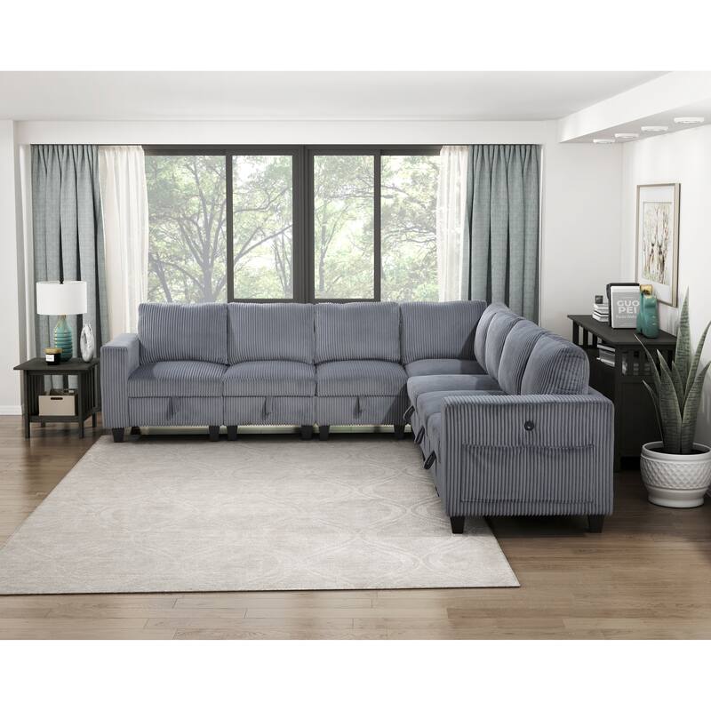 7-Piece Modular Sectional Couch with Storage, Pockets, Ports in Dark Gray Corduroy, Solid Wood