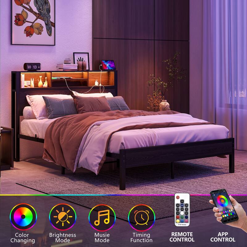 Black Full Size Bed Frame with Wood Storage Footboard, LED Metal Platform Bed Frame with Charging Station, Noise-Free