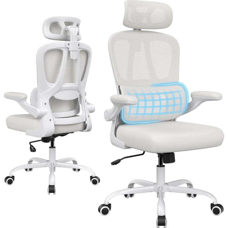 Ergonomic Office Chair, Desk Chair with Headrest and Lumbar Support, High Back Swivel Home Office Chair - Beige,White