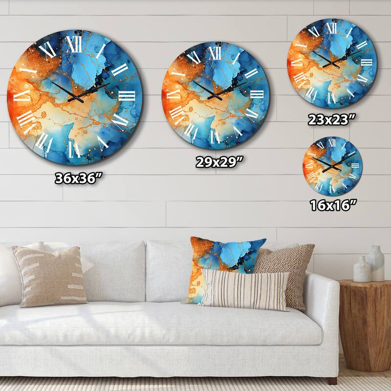 Designart "Love Spirit Turquoise And Orange Marble Art I" Abstract Painting Oversized Wall Clock