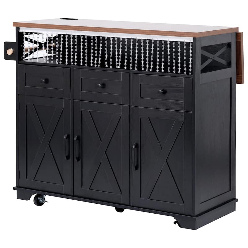 46.5'' Farmhouse Kitchen Island with Drape of Beads, Power Outlet, Rolling Kitchen Cart on Wheels with Drop Leaf, 3 Drawers
