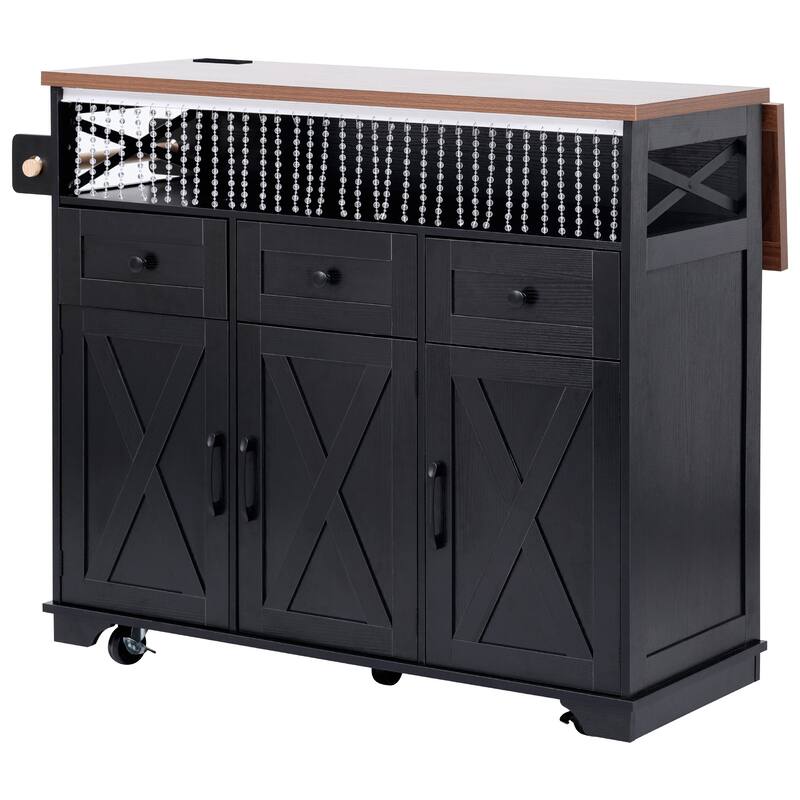 Roomfitters 46.5" Rolling Kitchen Island with Drop Leaf, Mobile Cart with 2 AC Outlets & USB, Beaded Drape & 3 Drawers