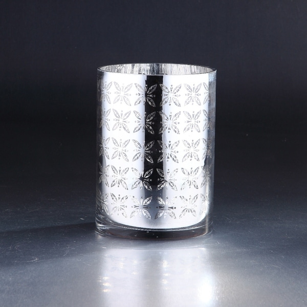 8" Metallic Silver Cylinder Hurricane Glass Vase Candle Holder - N/A