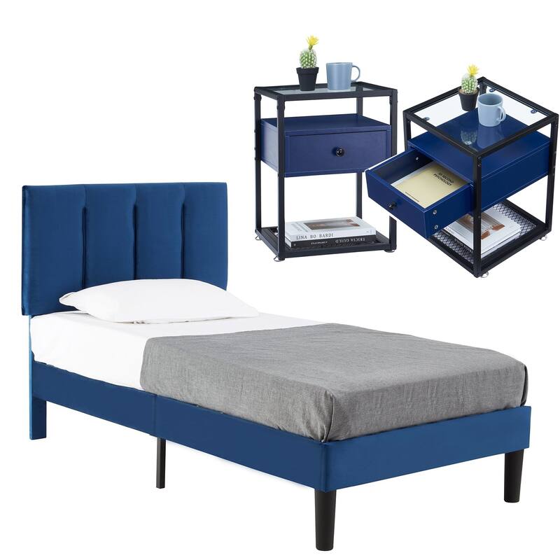 VECELO, Five Colors, 3-Pieces Tufted Upholstered Platform Bed Frame with Adjustable Height Headboard and Nightstands Set of 2
