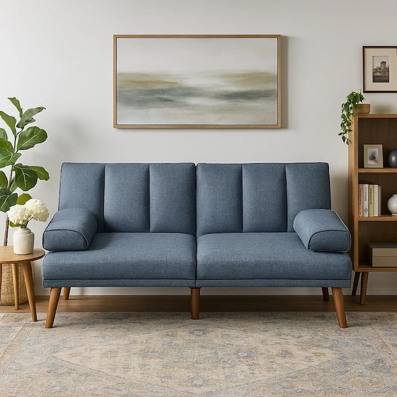 Dora 71 Inch Adjustable Futon Sofa Bed with Vertical Channel Tufting, Blue