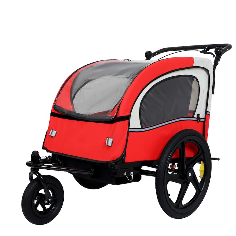 2-In-1 Double 2 Seat With Bike Trailer Jogger Stroller Foldable Collapsible W/Pivot Front Wheel, Storage Bag