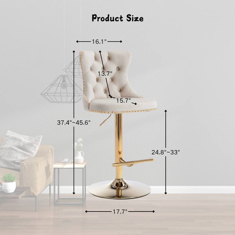 Homy Lin Swivel Bar Stool with Nailhead Trim&Gold Metal Base–Adjustable Height, 360° Swivel – Home Bar & Kitchen Island Seating