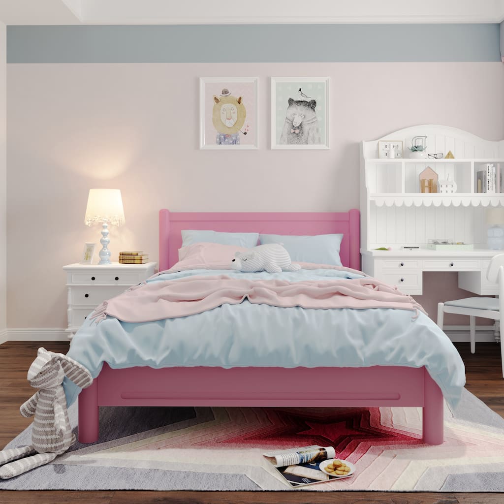 Queen Size Pink Wood Platform Bed with Headboard, Solid Wood Legs, 10-Slat Mattress Foundation, No Box Spring Needed