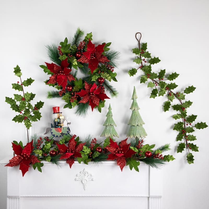 24" Glittered Red Poinsettia and Long Pine Christmas Wreath Unlit