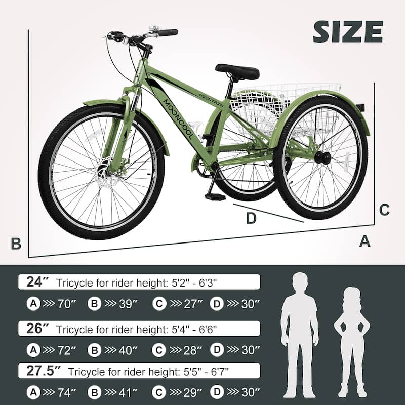 DoCred Mountain Tricycle 7 Speed 3 Wheel Bike with Basket