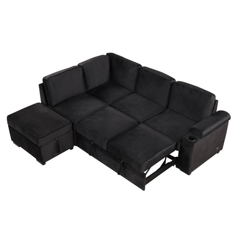 84.75" 2-in-1 Pull Out L Shape Velvet Sleeper Sofa Bed with Storage Ottoman, Black, for Living Spaces