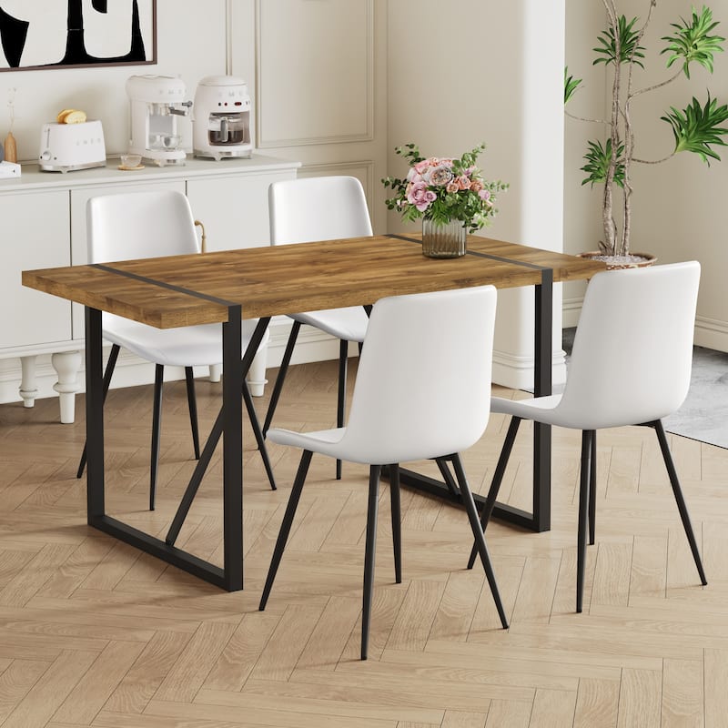 5-Piece Kitchen Dining Table Set, Rectangular Table with 4 White Faux Leather Chairs for Family Dining Areas